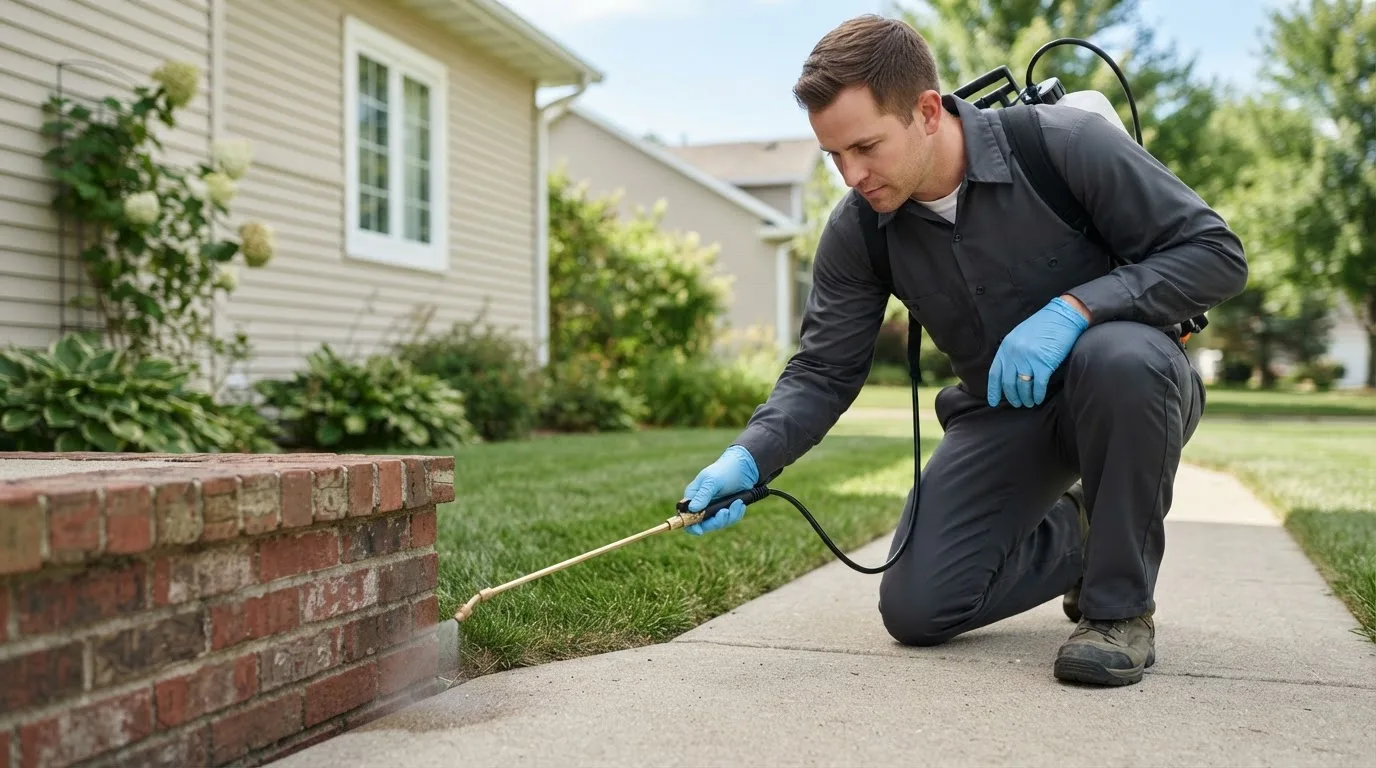 Pest control technician treating a home near New Albany, OH