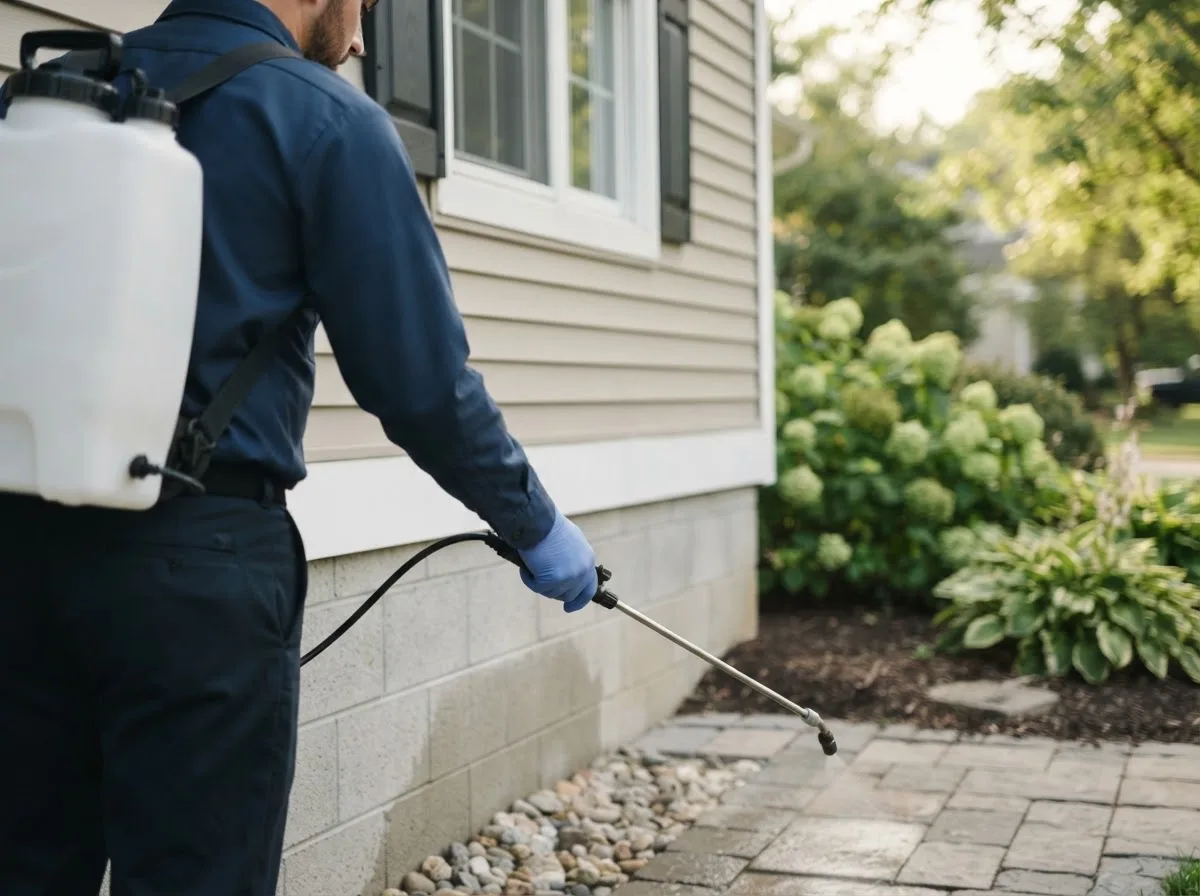 Pest control technician inspecting a home in New Albany, OH